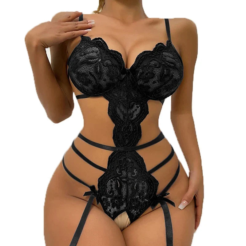 Hot Lace Seamless Bodysuit Sexy Women Underwear Erotic Pajamas Crotchless Deep V Open Bra See Through Babydoll Lingerie  Set