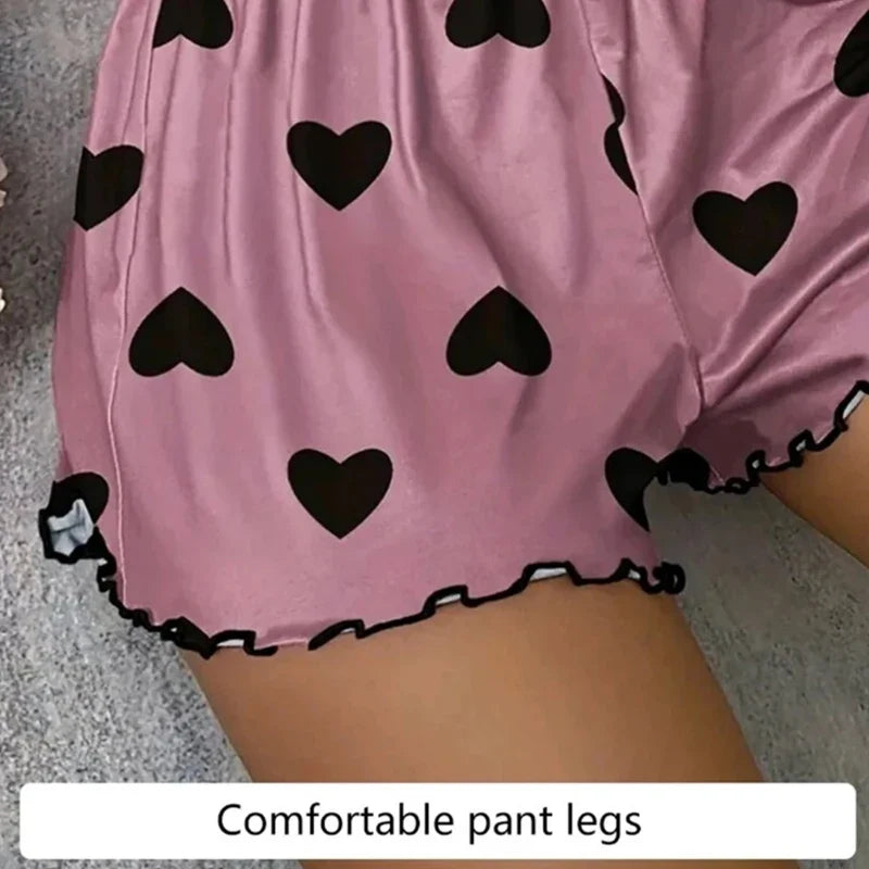 Women's Pajama Set Pajamas T-Shirts Shorts Pink Heart-Shaped Print Round Neck T-Shirt Ice Silk Top Comfortable Casual Summer