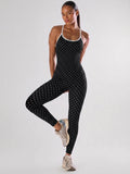 Sexy Black Polka Dot Print Patchwork Yoga Jumpsuit Women Sleeveless Hollow Out Backless Cross Fitness Sports One Piece Suits