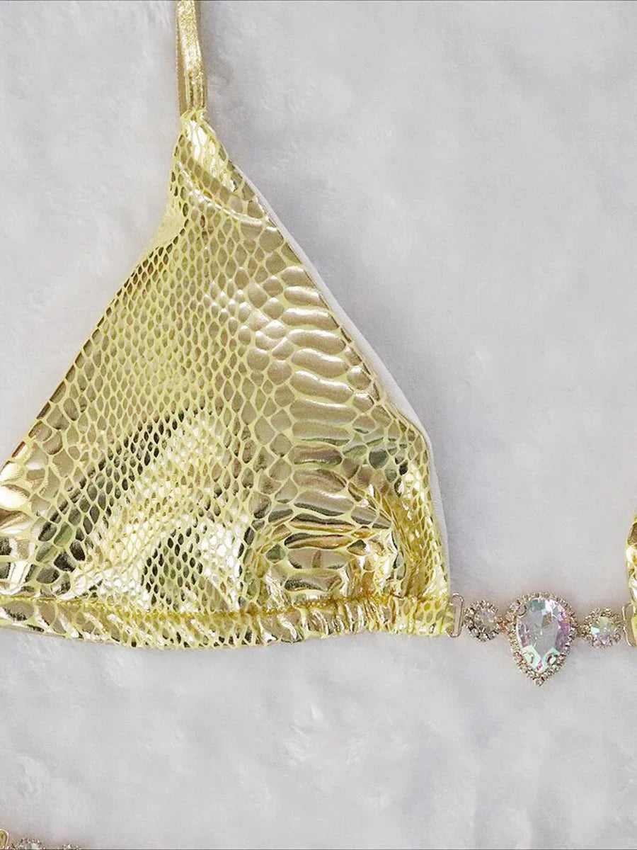 Snake Skin Rhinestone Diamond Bikini Female Swimsuit Women Swimwear Two-pieces Bikini Set High Cut Halter Bathing Suit Swim Lady