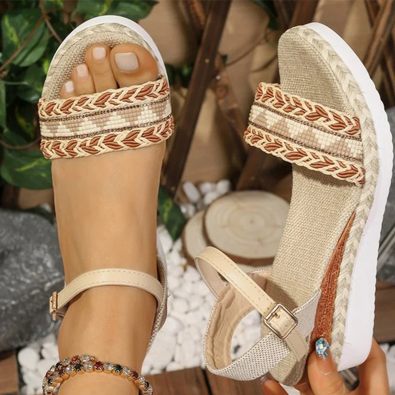 Bohemian Braided Wedge Sandals for Women Summer 2025 Beach Casual Ankle Strap Sandles Woman Plus Size Med Heel Sandalias Ladies