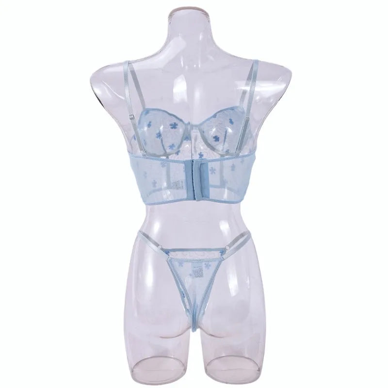 Toucheart Sexy Lingerie Mesh Embroidered Flowers Underwire Fishbone Sexy Floral Transparent Lace Underwear Sexy Lingerie Suit