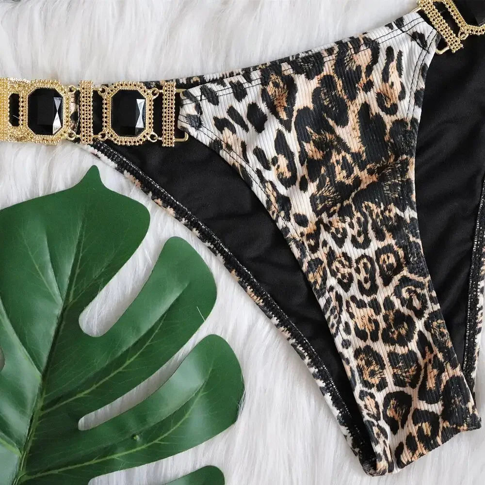 Bikini 2026 Sexy Leopard Diamond Chain Swimwear Swimsuit Women Halter Bikinis Set Bathing Suit Beach Bikini Luxe Female Push Up