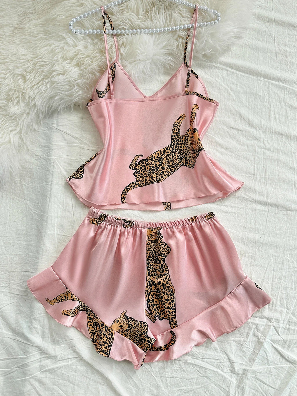 Summer 2-pieces Pink Leopard Printed Pajamas Set for Women Sexy Ice Silk Stain Sleepwear Casual Crop Tops and Shorts Lounge