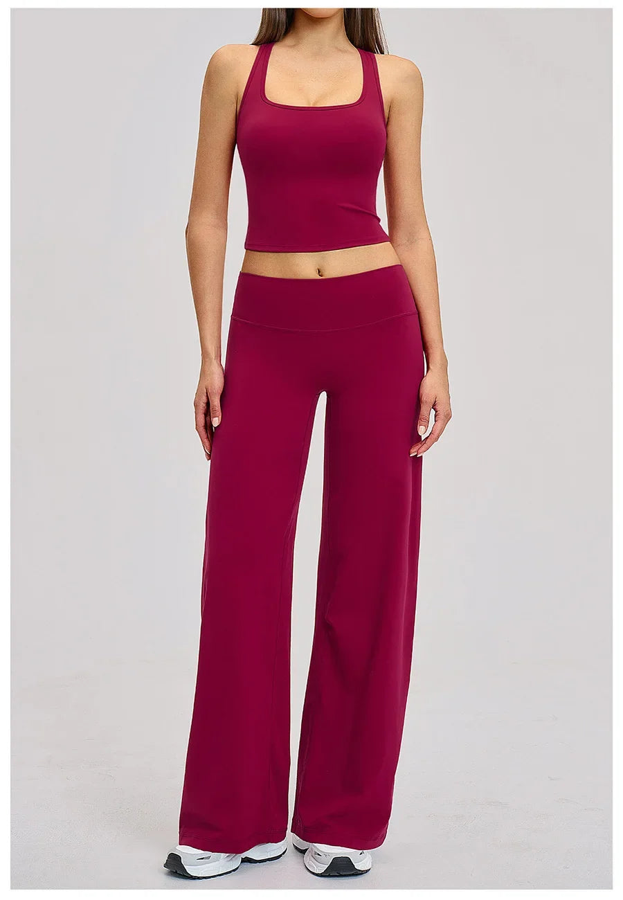 2 Piece Yoga Clothes Women Tracksuit Athletic Wear Pilates Fitness Suit Gym Workout Sets Push Up Sports Vest Wide Leg Pant Suit