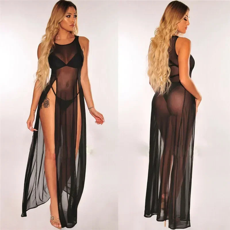 Summer Bikini Cover Up Women Beach Sundress Sexy Mesh Sheer Long Dress Solid See-through Sleeveless Strap Beach Dress