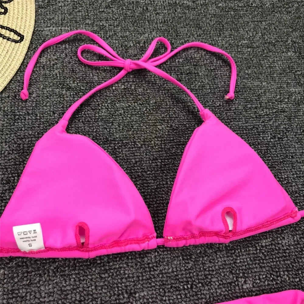 New Sexy Neon Pink Brazilian Bikini Women Swimwear Halter Swimsuit Female Two-Pieces Bikini Set Bather Bathing Suit Swim V1312