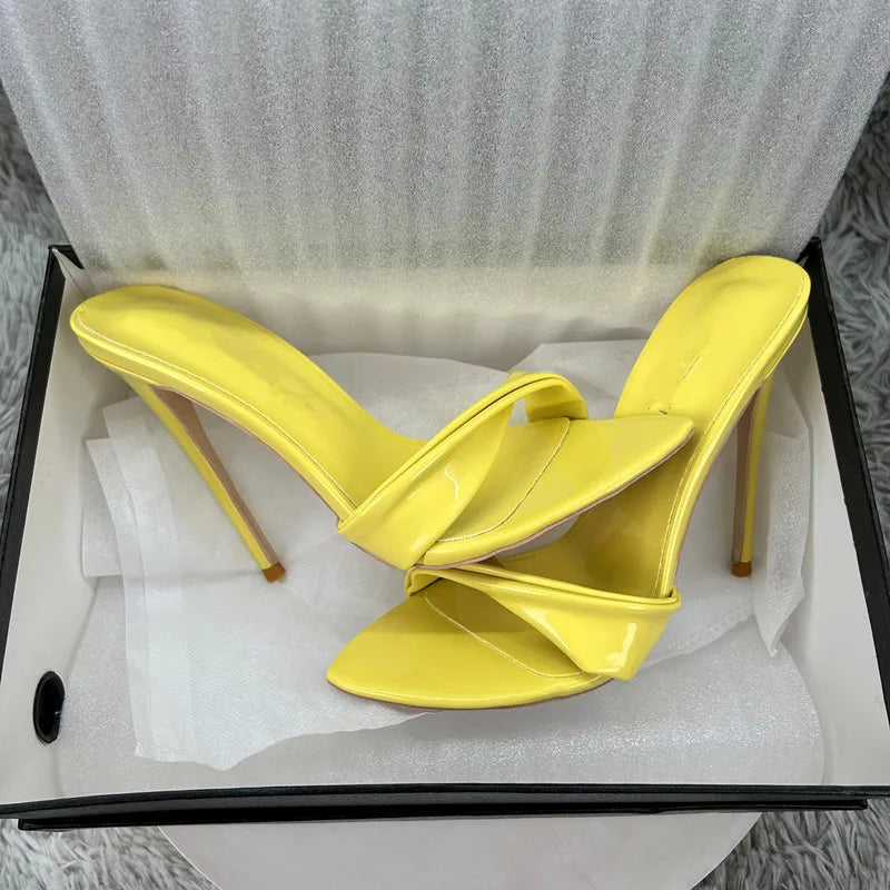 Women's Yellow Patent Leather Pointed Toe Stiletto Mules - Twisted Strap High Heel Sandals for Party, Summer & Evening