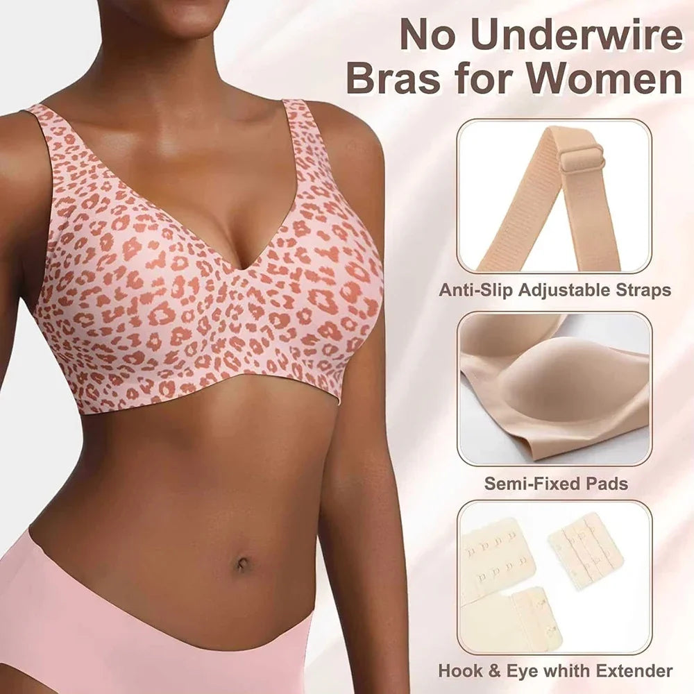 Pink Leopard Deep V Jelly Bras Wireless Comfortable Bra Supportive No Underwire Bras Tshirt Push Up Bralette Plunge Seamless Bra