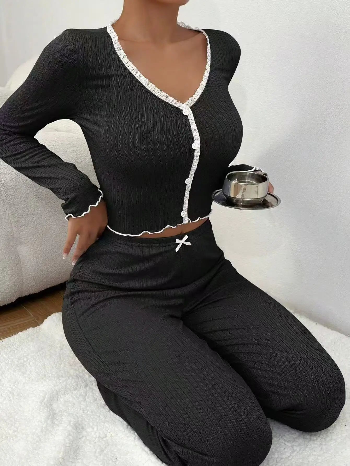 Y2K Ribbed Knit Loungewear Set for Women Long Sleeve V Neck Button Top and Pants Pajamas Two Piece Sleepwear with Lace Trim New