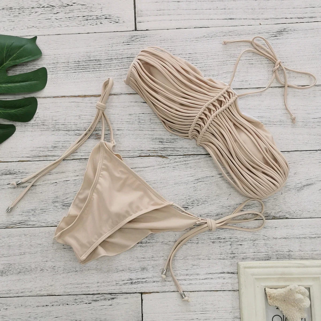 New Bandage Stripes Brazilian Bikini Swimwear Women's Swimsuit Two Piece Set Female Sexy Lace up Mujer Beachwear Summer