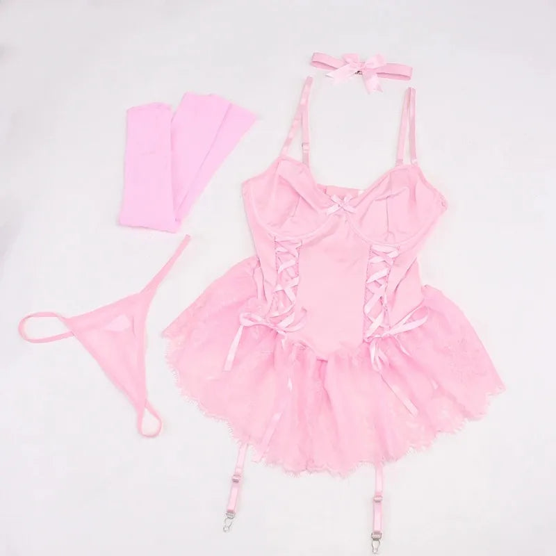 Toucheart Lace Fancy Patchwork Garters Sexy Lingerie Girly Pink Corset Dress Stocking Matching Cute Sexy Uniform Lingerie New