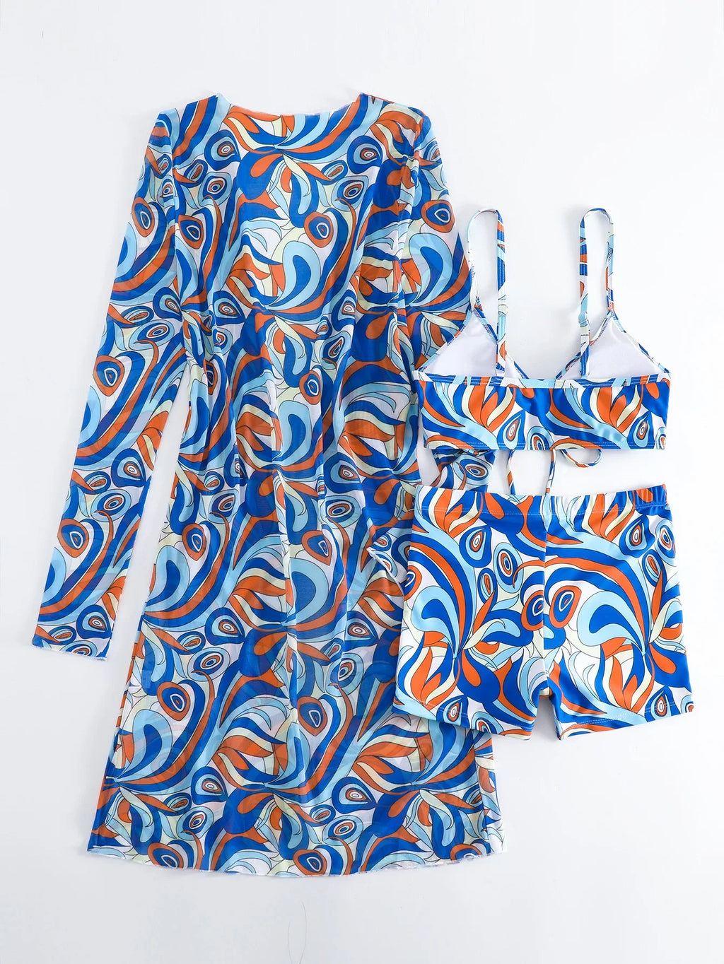New Sexy 3 Pieces Suit for Women Neck Hanging Bikini Set+Cover-up Swimwear Sunproof Tankini High Waist Shorts Swimsuit Beachwear