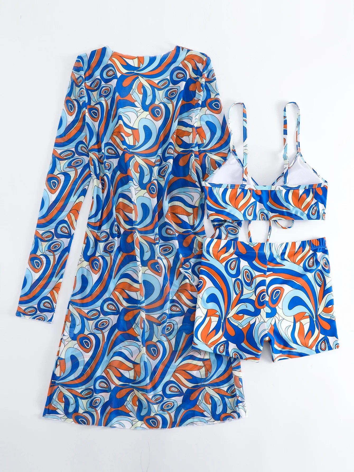 New Sexy 3 Pieces Suit for Women Neck Hanging Bikini Set+Cover-up Swimwear Sunproof Tankini High Waist Shorts Swimsuit Beachwear