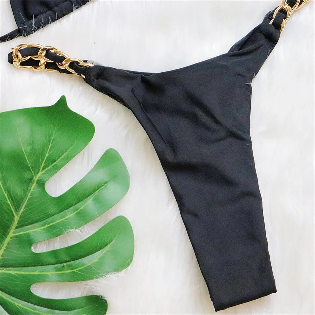 Metal Ring Halter Scrunch Butt Thong Bikini Women Swimwear Female Swimsuit Two-Pieces Bikini Set Bather Bathing Suit Swim V4391