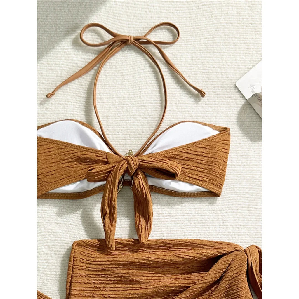 3PCS With Sarong Metal Star Halter Bikini Female Swimsuit Women Swimwear Three-Pieces Bikini Set Bather Bathing Suit Swim V7042