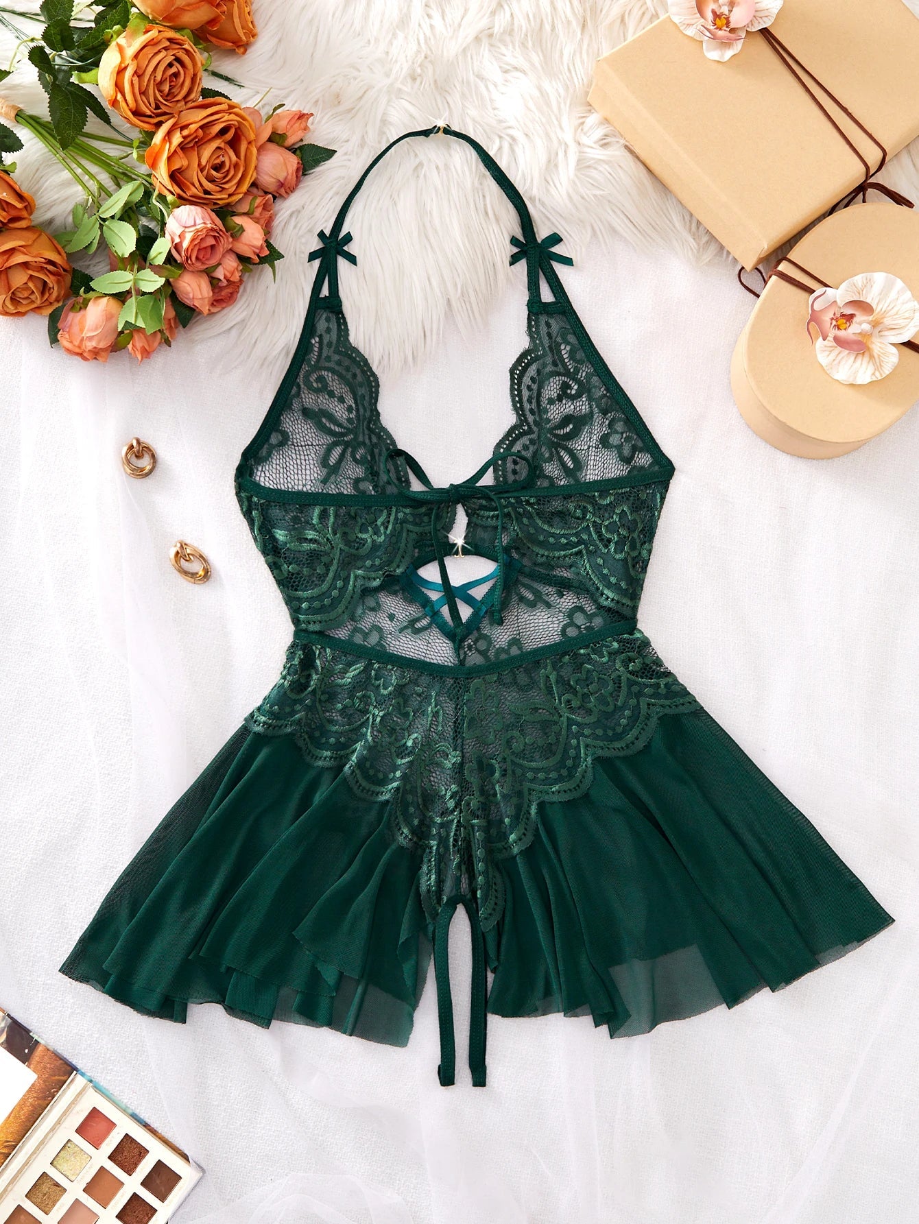 Bodycon Teddy Dress Crotchless Sheer Underwear Set Lace See Through Halter Deep V Sexy Lingerie Sultry Nightwear For Date Night