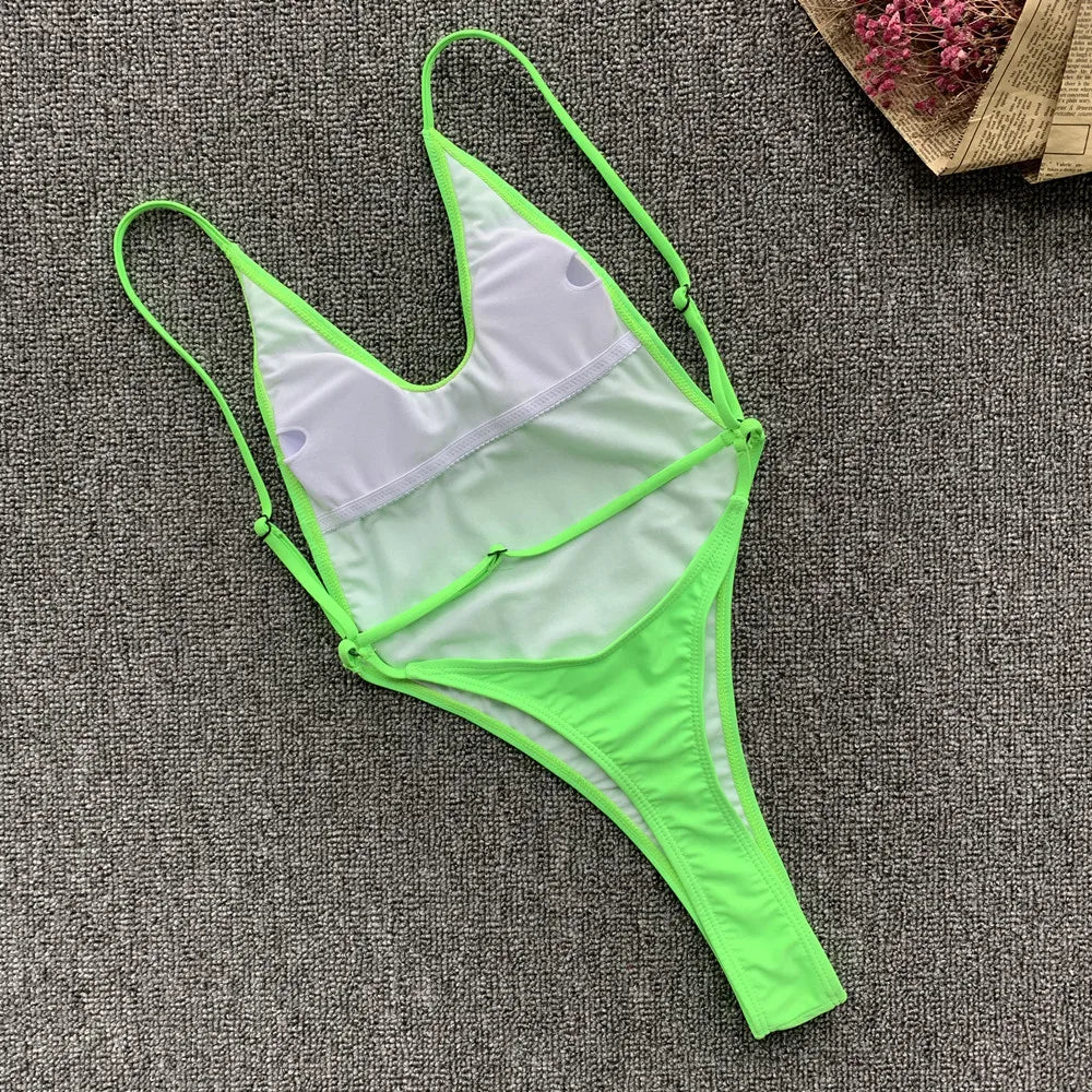DEKA Solid Deep V One Piece Swimsuit Brazilian Mini Bikini Women High Cut Thong Backless Swimwear Female Bathing Suit Monokini