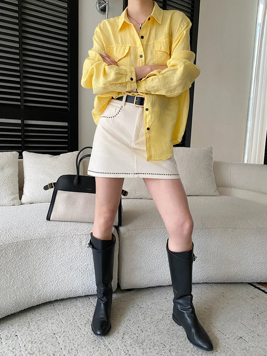 Women White Linen Blend Button Down Shirt Turn Down Collar Chest Pocket Loose Fit Blouse For Summer And Vacation Outfit KY7U