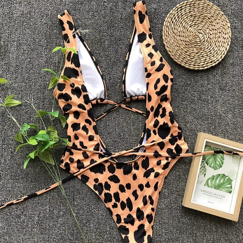 Leopard Deep V Neck Wrap Around High Cut Women Swimwear One Piece Swimsuit Female Monikini Tummy Cut Out Bathing Suit Swim Lady