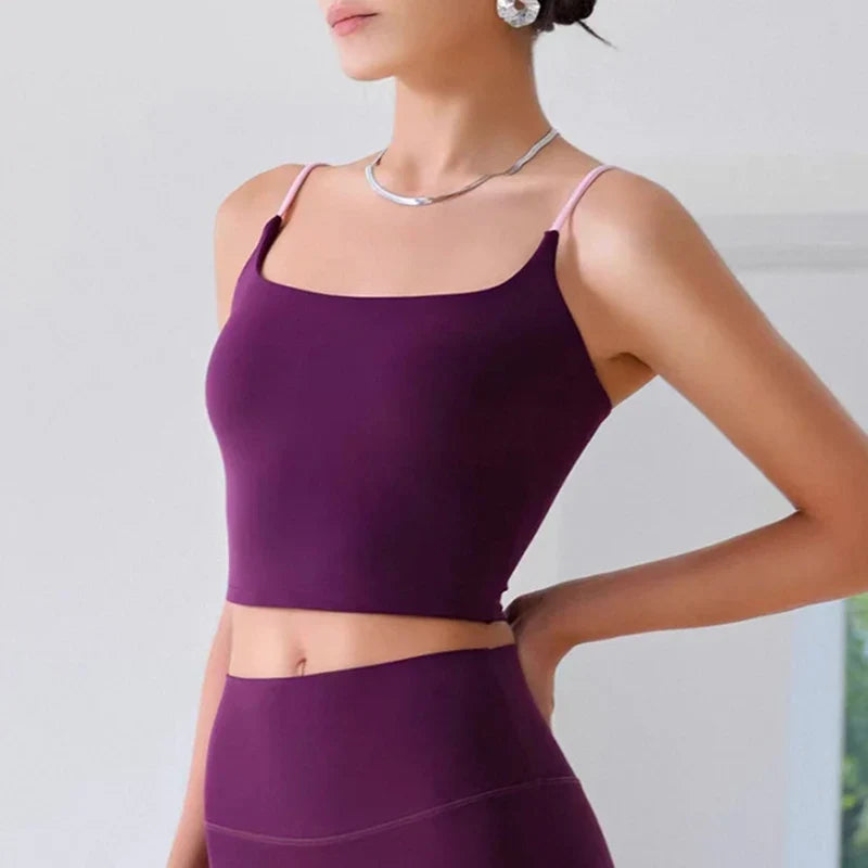 Women's Sexy Backless Yoga Sports Vest Fixed One-Piece Cup Contrast Suspender Beautiful Back Fitness Bra for Active Wear