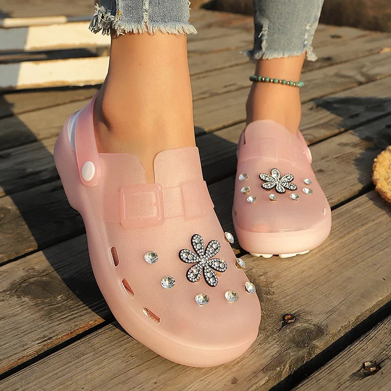 Luxury Rhinestone Pink Platform Clogs Shoes Women Crystal Flowers Hollow Out Sandals Woman Anti Slip Thick Bottom Beach Sandles