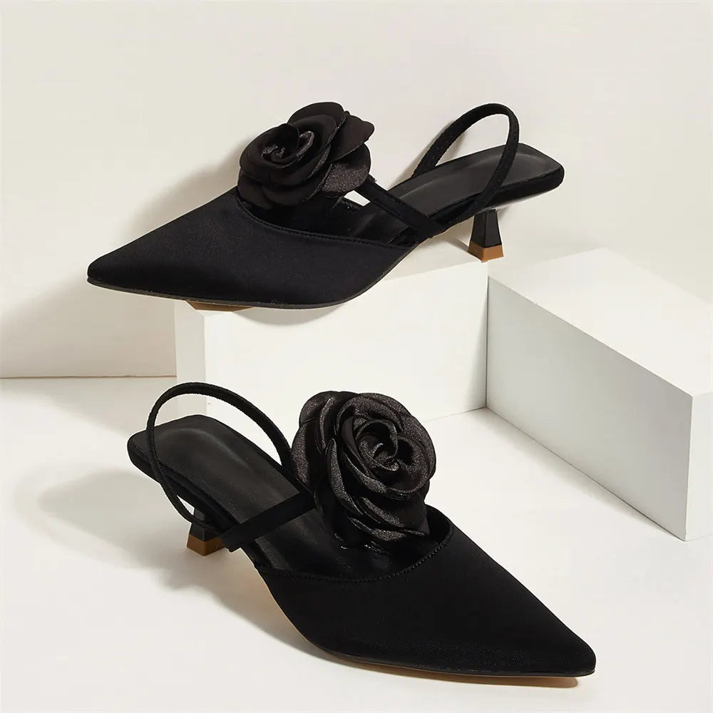 2025 Large Size 43 Summer Women's Pointy Toe Kitten Heels Slingback Pumps Elegant Satin Sandal Rose Flower Office Lady Shoes