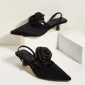 2025 Large Size 43 Summer Women's Pointy Toe Kitten Heels Slingback Pumps Elegant Satin Sandal Rose Flower Office Lady Shoes