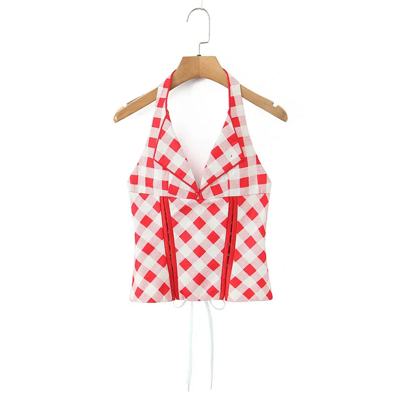 Spring And Summer New Style Sweet Red Plaid Unique Back Drawstring Top Halter Neck V-neck Sexy Slim-fit Tank Top Casual UH75