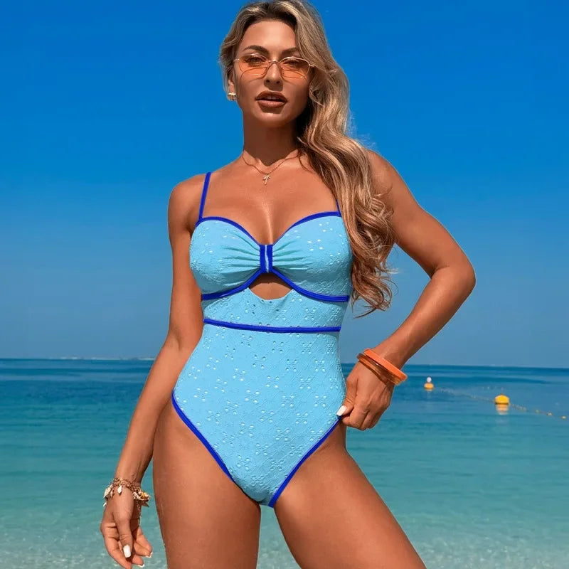 Sexy White Dot Print Print One Piece Swimsuit 2025 Women Hollow Hole Out Front Bow Push Up Beach Bathing Suit Holiday Swimwear
