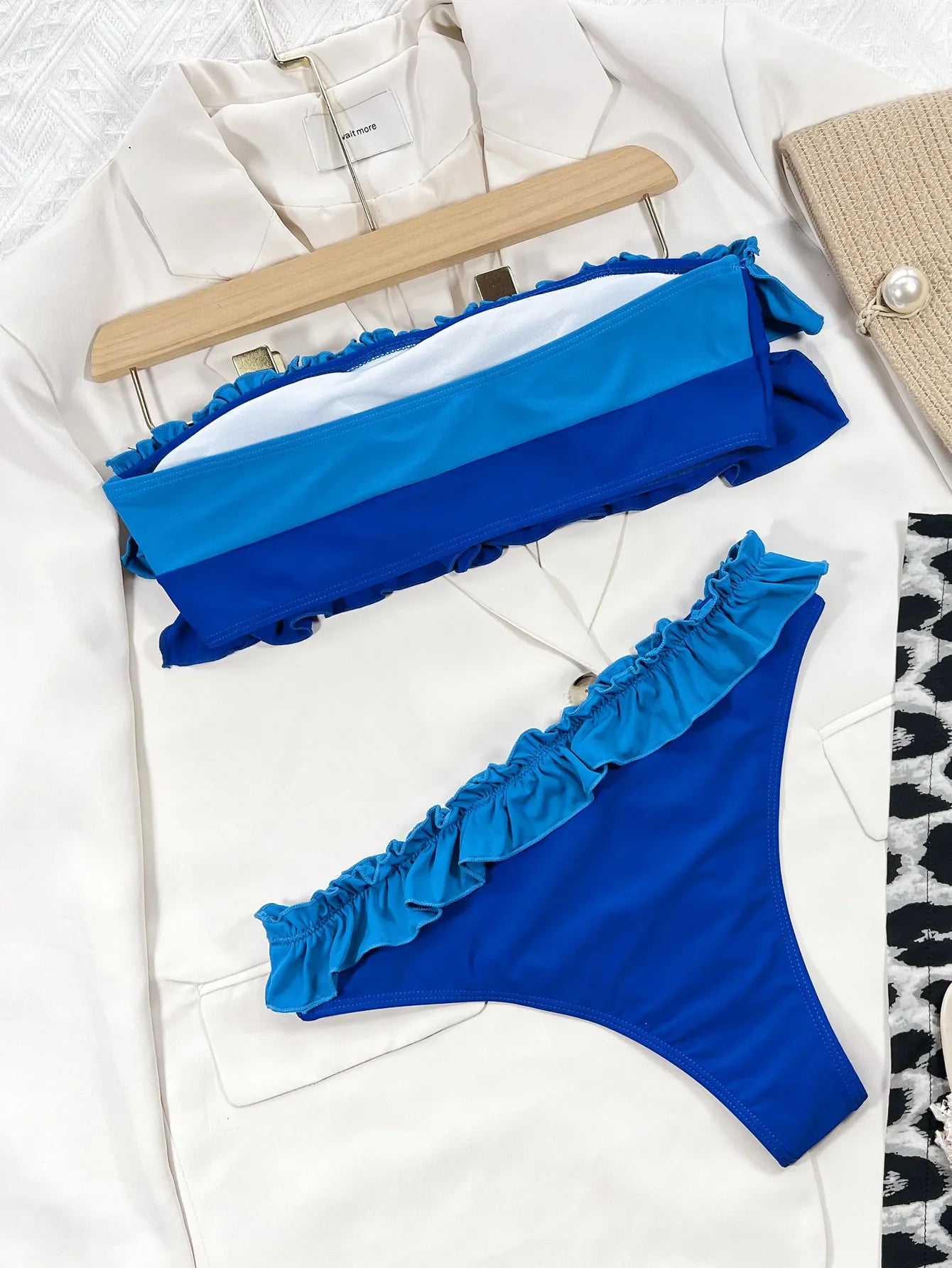 Ruffle Block Color Bikini Set Women 2026 Sexy Strapless Off-Shoulder Swimsuit Sexy High Waist Backless Bathing Suit Beachwear