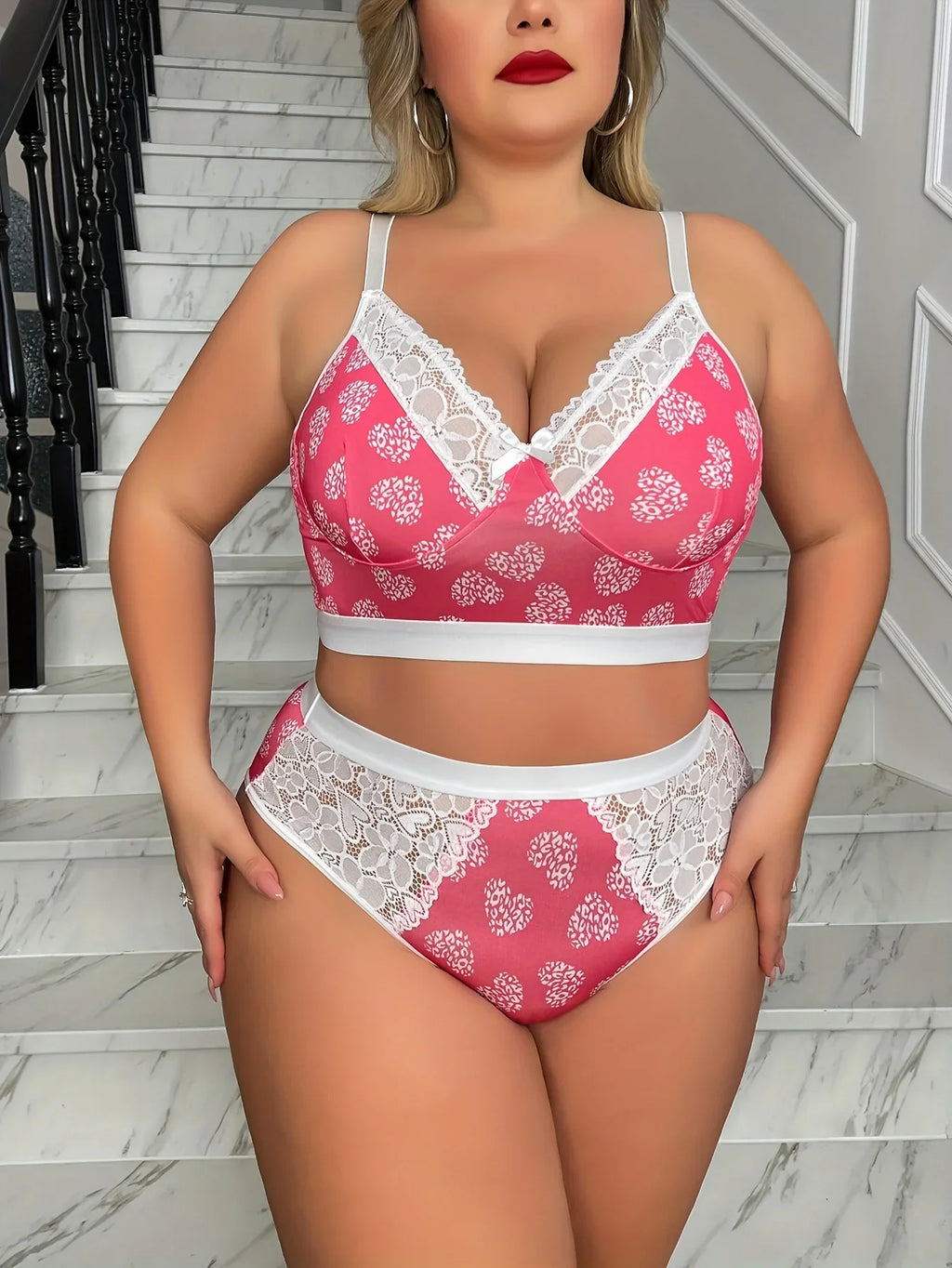 New Arrival Plus Size Ditsy Print Lingerie Set Sexy Minimizer Bra Cami Side Support Thin