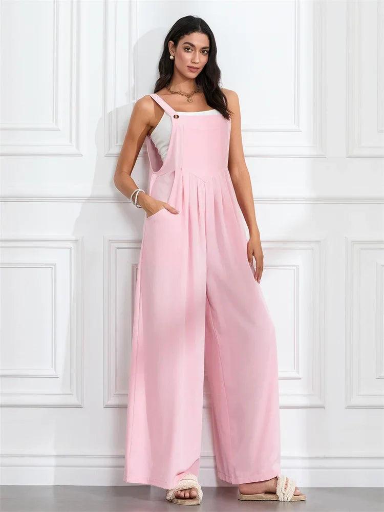 Women Fashion Jumpsuits Sleeveless Buttons Suspender Wide Leg Pant Overalls with Pockets Casual Loose Romper Streetwear
