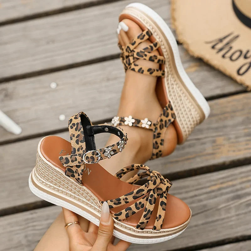 2025 Wedge Heel Leopard Print Sandals Women Fashion Crystal Flowers Thick Bottom Sandalias Mujer Cross Band Platform Sandles 43