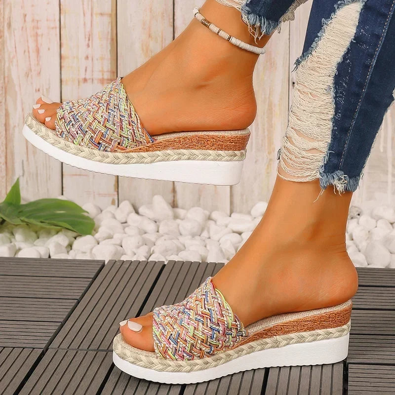 Fashion Mix Color Woven Sandals Women 2025 Summer Wedge Heel Bohemian Sandals Woman Lightweight Platform Sandles Plus Size 36-43