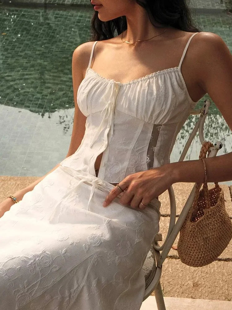 Foridol Summer White Dress Set Women 2pcs Matching Set Skirt Outfits Spaghetti Strap Top+skirt Set Vacation Beach Dress 2025