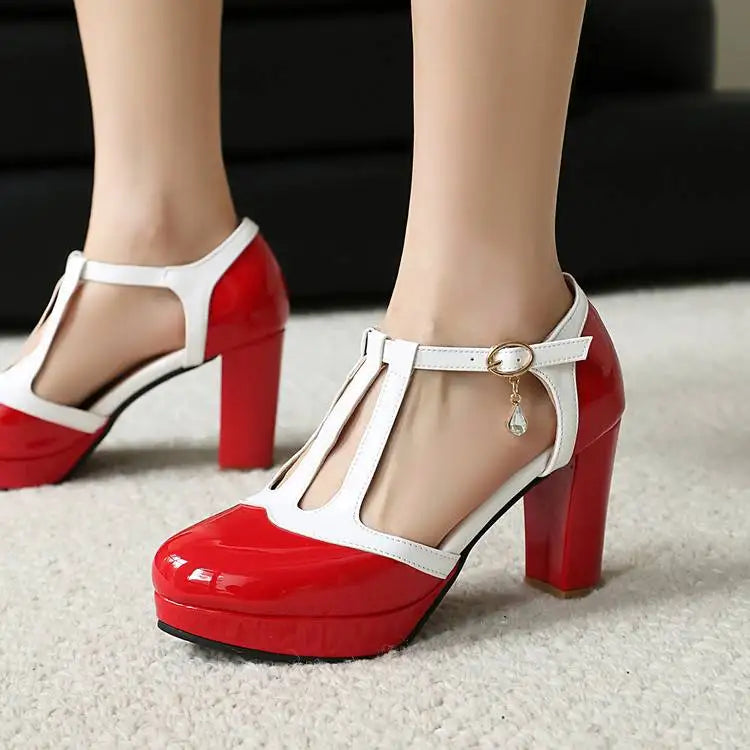 Spring Autumn New Style Fashion High-heeled Women's Shoes Color Block Round Head Shallow Mouth Buckle Square Heel Women's Shoes