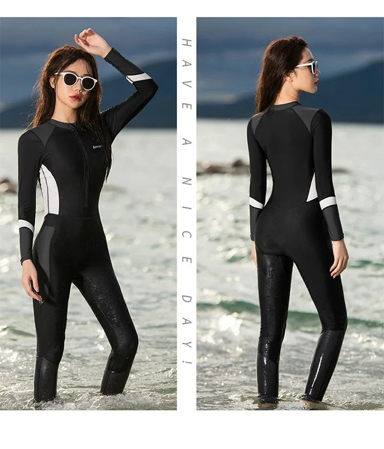 Women's One-piece Swimsuit with Long Sleeves and Pants Fully Wrapped for Sun Protection and Belly Coverage, Slimming Diving Suit