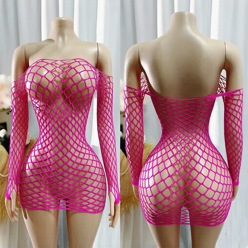 1 PC Women Sheer Mesh Long Sleeve Beach Cover Up Sexy See-Through Fishnet Bodycon Dress for Summer No Bikini Included