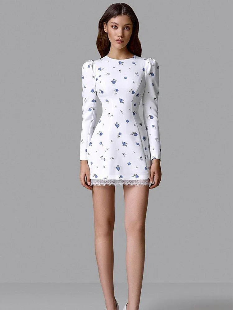 Ahagaga Elegant Women's Mini Dresses Print Heart-shaped Cutout Slim Fit A-Line Regualr Long Sleeves Trend O-Neck Lace Patchwork
