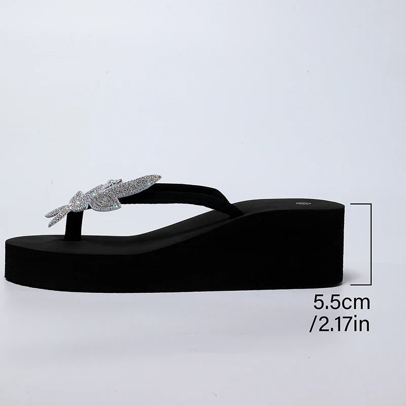 Shiny Sequins Decor Wedge Flip Flops for Women Luxury Open Toe High Heel Sandal Woman 2025 Vacation Beach Non Slip Slides Female