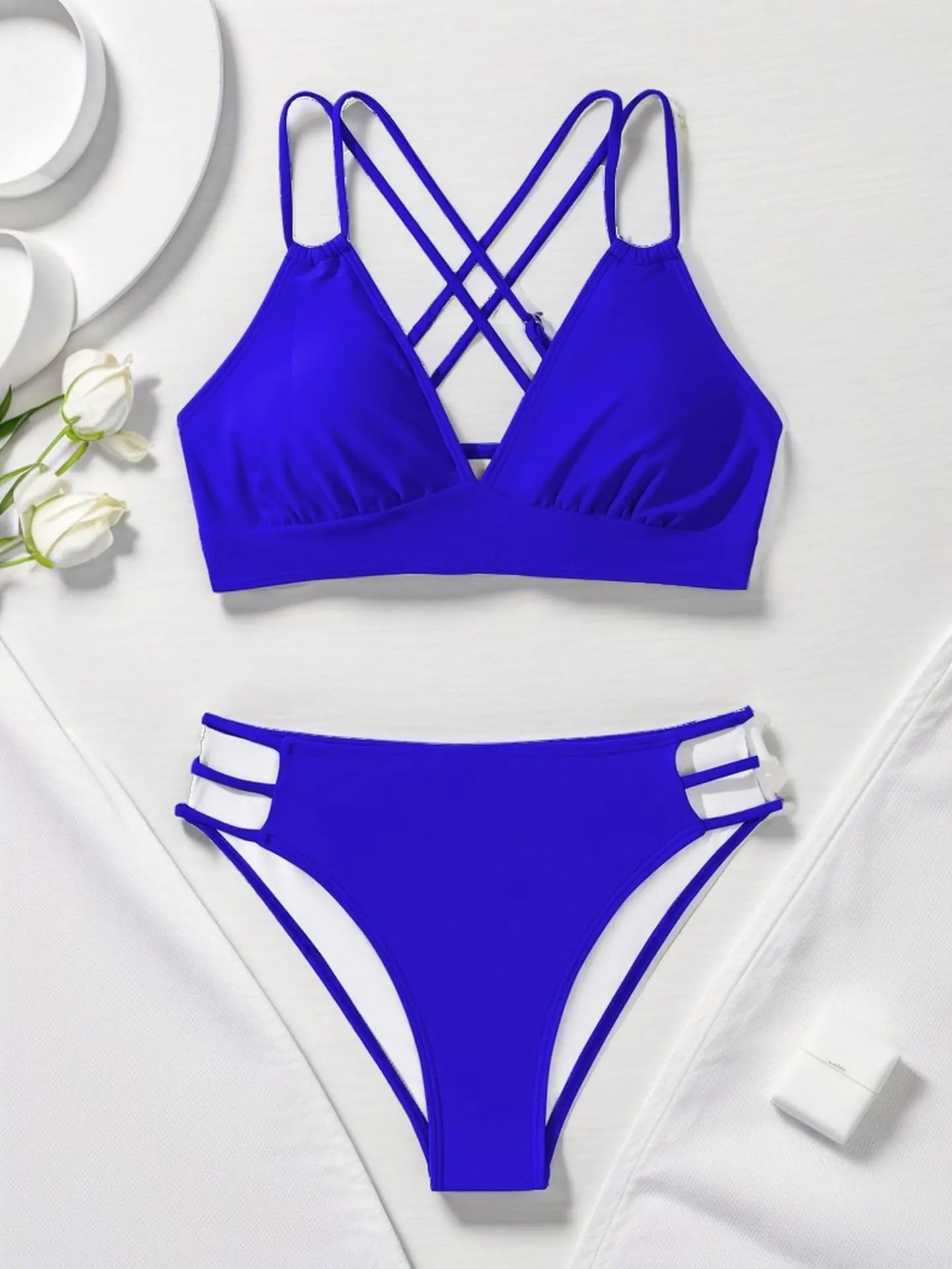 Sexy Solid Black Two Piece Swimsuit for Women Summer New High Waist Bikini Set Beach Vacation V-neck Backless Swimwear 2026