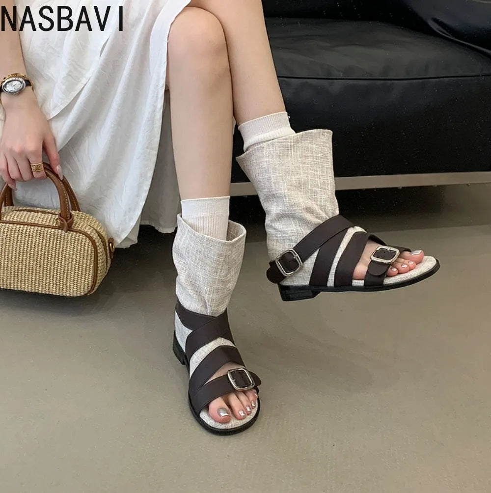 Women's French Roman Style Belt Buckle High Top Sandals Summer New Retro Motorcycle Gladiator Ankle Sandals Boots New Summer