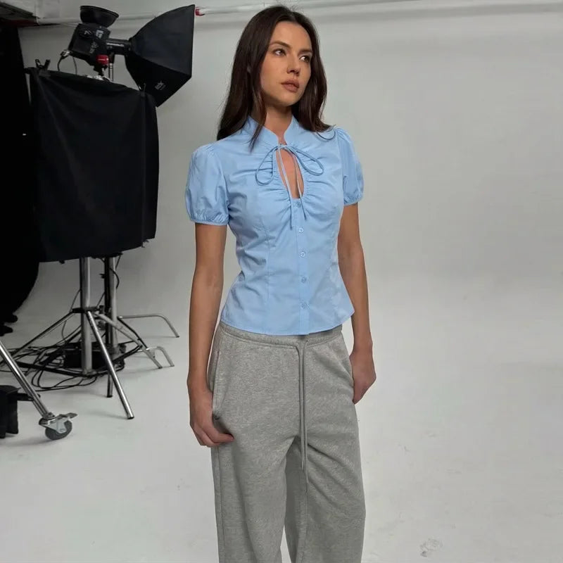 FDYOUI Fashion Stand Collar Lace-up Hollow Out T-shirts Women Chic Short Sleeve Single Breasted Crop Top Folds Solid Tee Shirt