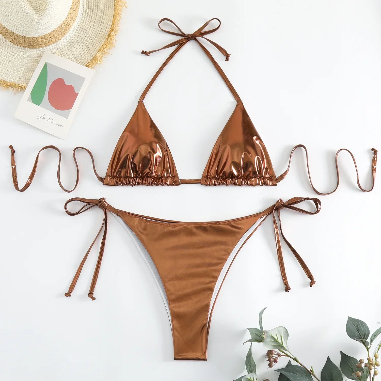 Sexy Shiny Pu Faux Leather Bikini 2025 Women Swimwear Female Swimsuit Two-pieces Bikini set String Bather Bathing Suit Swim Lady