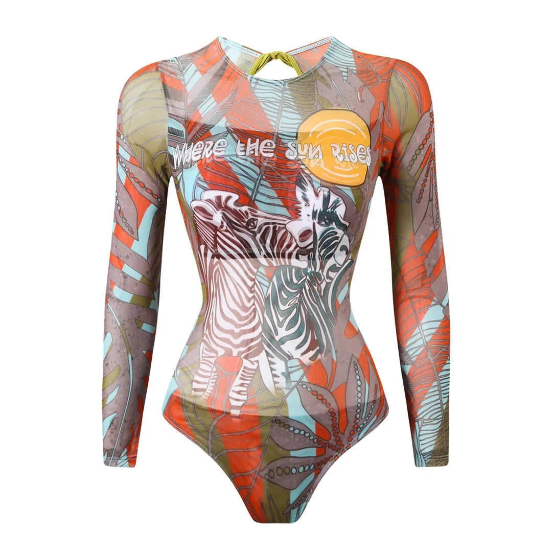 S - XXL Printed Long Sleeve With Sarong One Piece Swimsuit Women Swimwear Female Flowers Padded Bather Bathing Suit Swim K7181