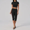 Color Blocked Yoga Suit Women Tracksuit Short Sleeve Shock-absorbing Sports T Shirts High Waist Pants Gym Running Fitness Suits