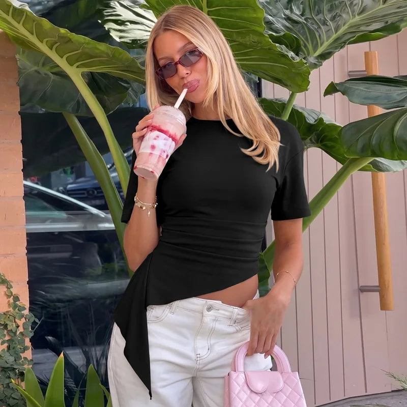 FDYOUI Women O-neck Short Sleeve Solid T-shirts 2026 Summer Chic Ruched Bandage Corset T-shirt Female Tunics Irregular Crop Tops
