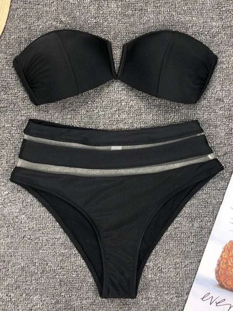 V Shaped Bandeau High Waist Bikini Women Swimsuit Female Swimwear Two-pieces Bikini Set with Bra Cup Bathing Suit Swim Beachwear