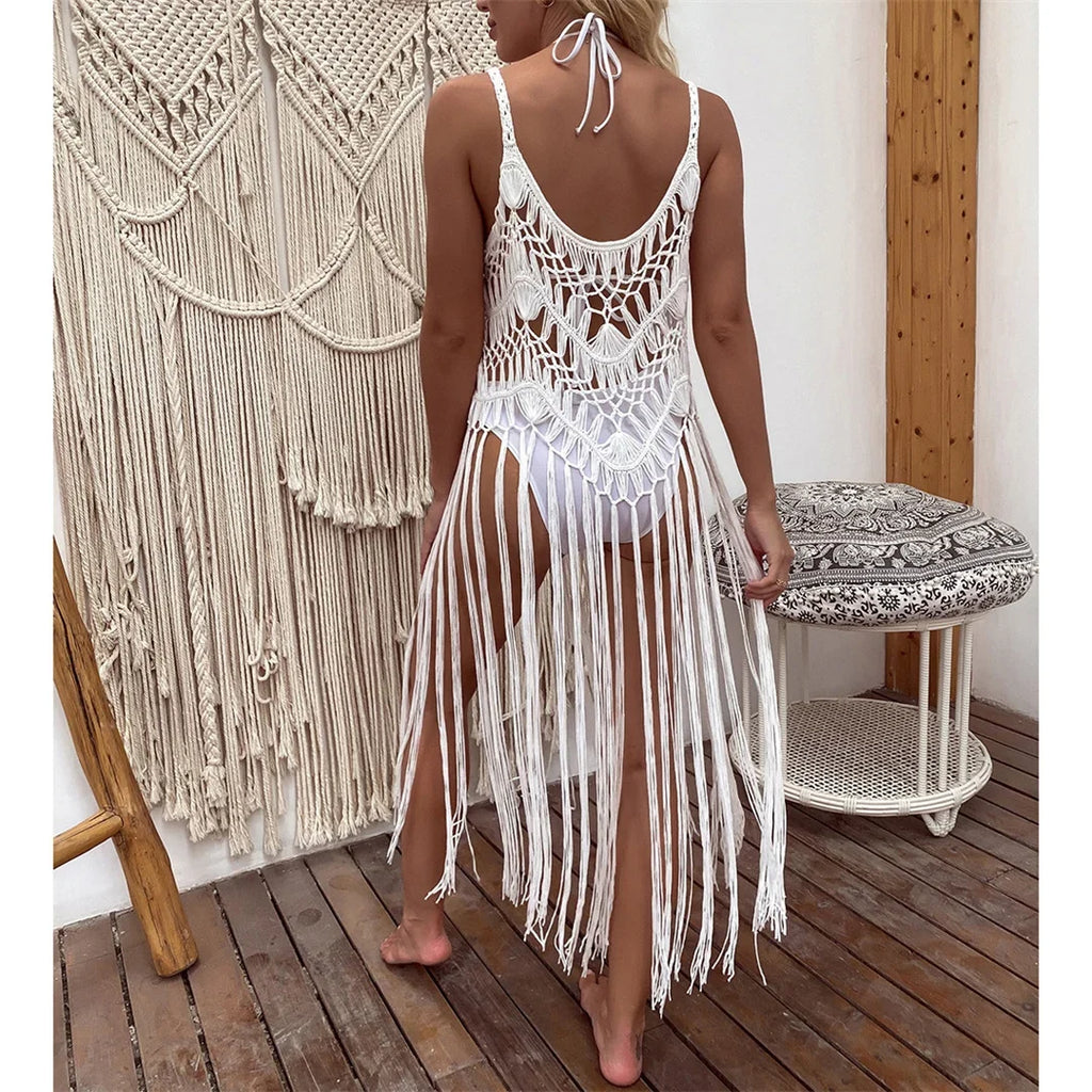 3 Colors Hollow Out Fringe Tassel Knitted Crochet Tunic Beach Cover Up Cover-ups Beach Dress Beach Wear Beachwear Female V3847